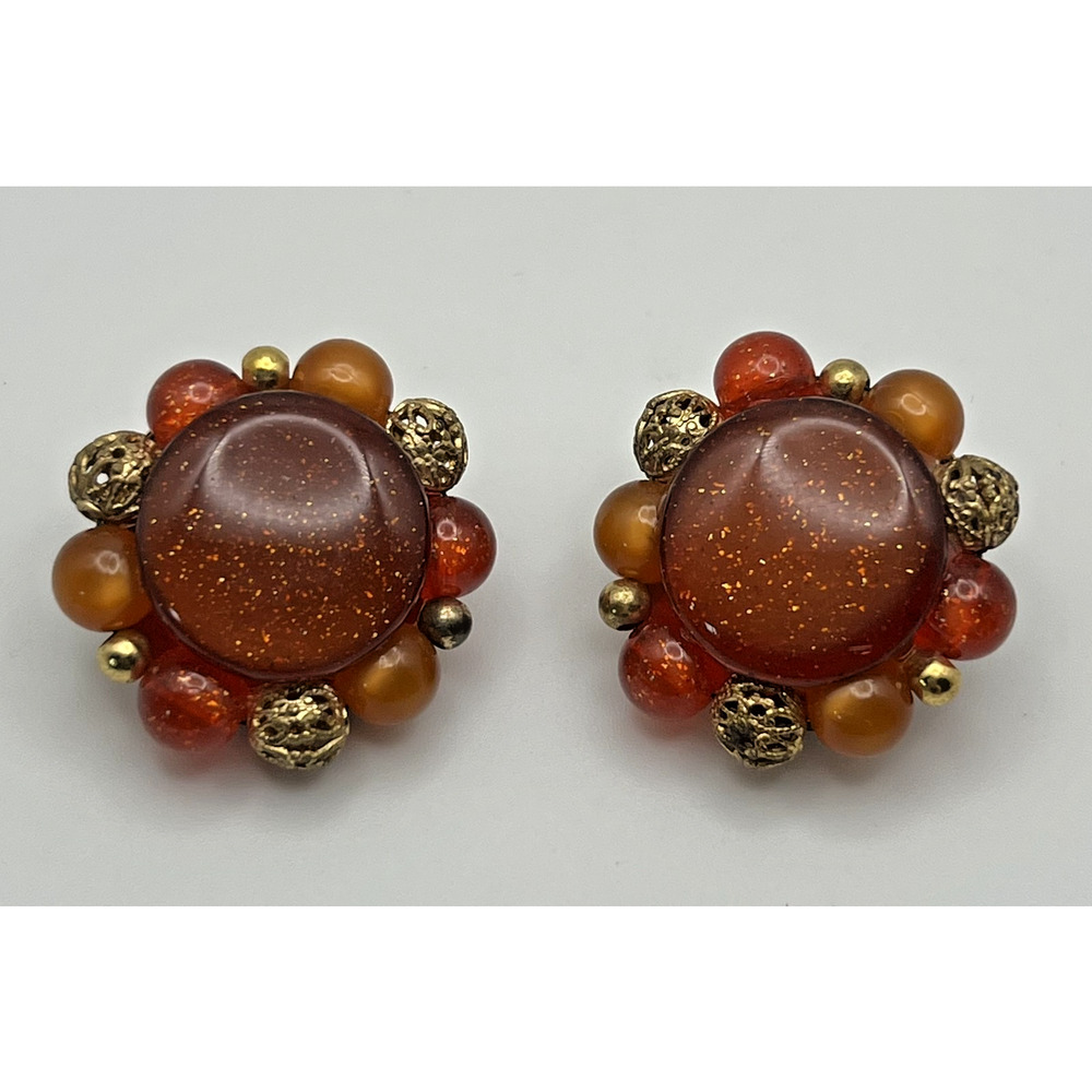 Vintage Gold Tone Amber Resin & Amber Beads Cluster/Button Costume Clip Earrings
